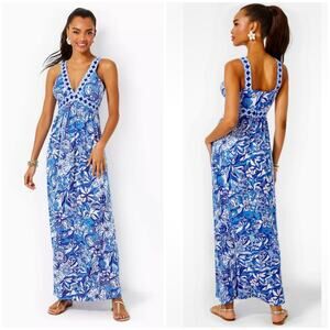Lilly Pulitzer Serena V-Neck Maxi Dress Blue Tang Flocking Fabulous Size 6